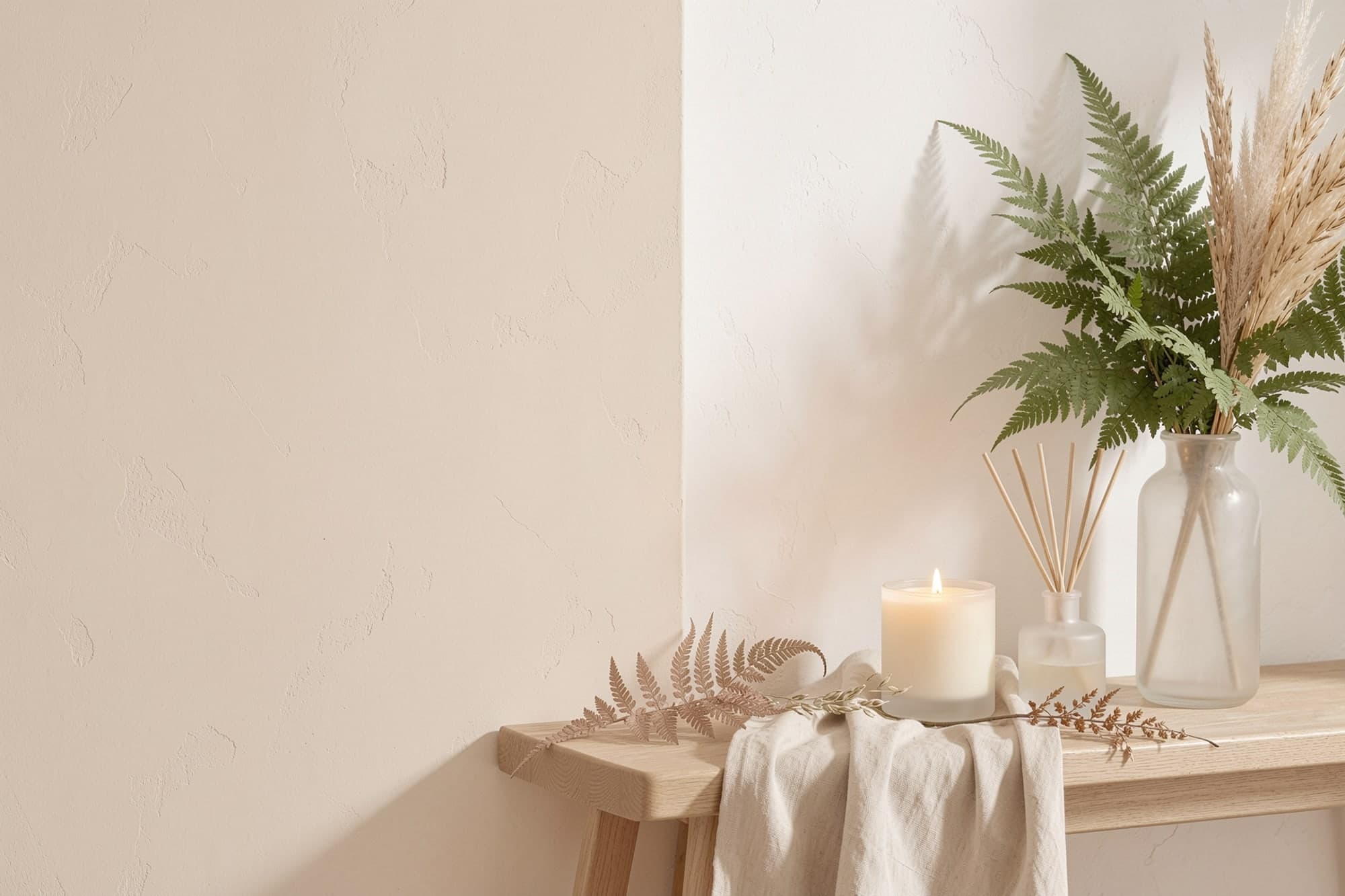 A lit candle and a reed diffuser on an oak bench beside a vase of ferns against a sand wall